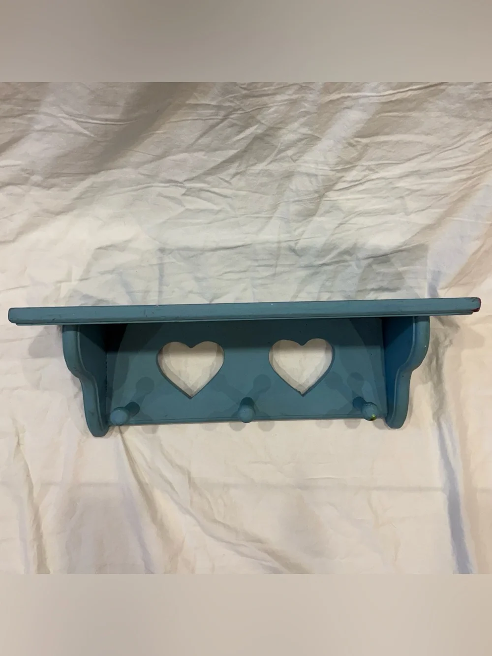Vintage Wooden Heart Double Cutout Wall Shelf Rustic Country Cottage Core Blue